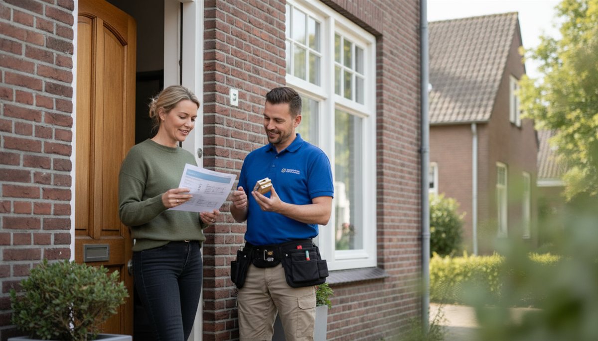 Huiseigenaresse bespreekt bij de voordeur de slotenmaker-offerte terwijl de slotenmaker een SKG-cilinder toont