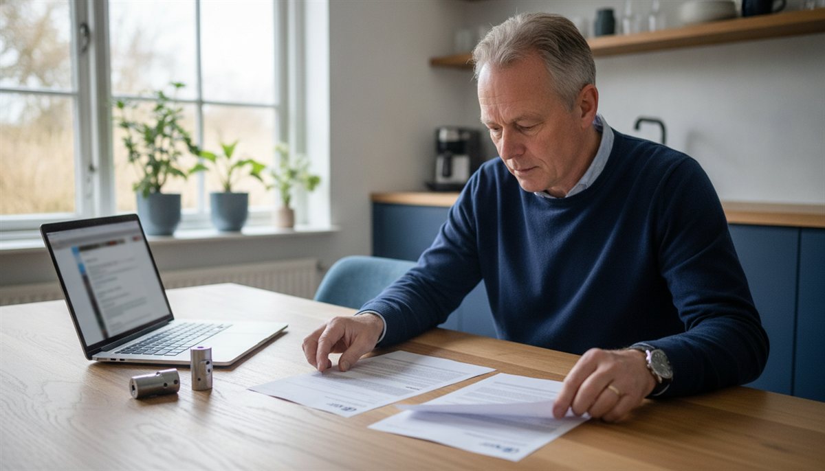 Huiseigenaar legt thuis meerdere slotenmaker-offertes naast elkaar aan de tafel met laptop