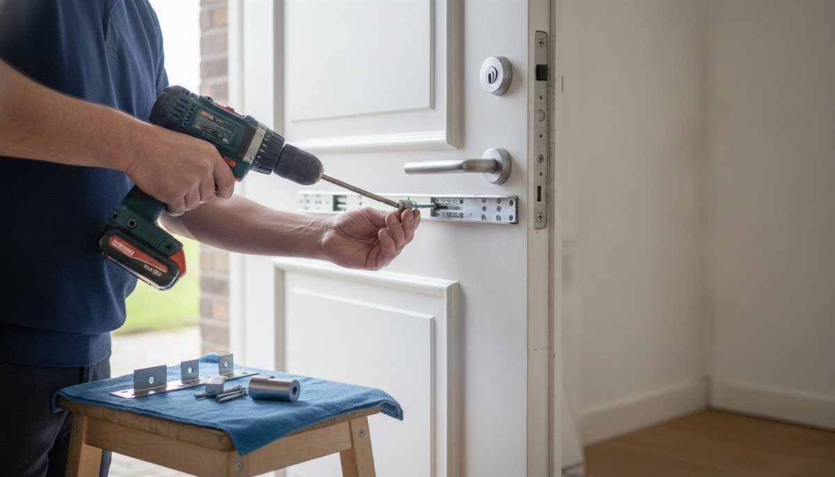 Slotenmaker monteert een meerpuntssluiting en inbraakwerend hang- en sluitwerk op een deur