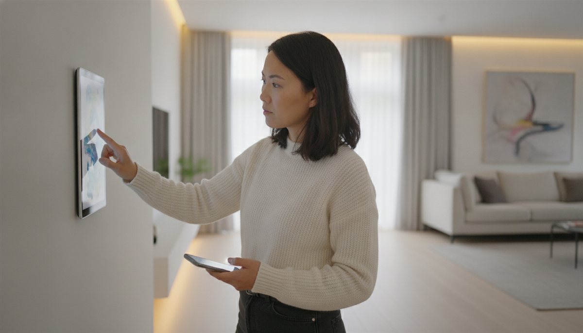 Huiseigenaresse bedient verlichting en gordijnen via een wandpaneel in een moderne woonkamer