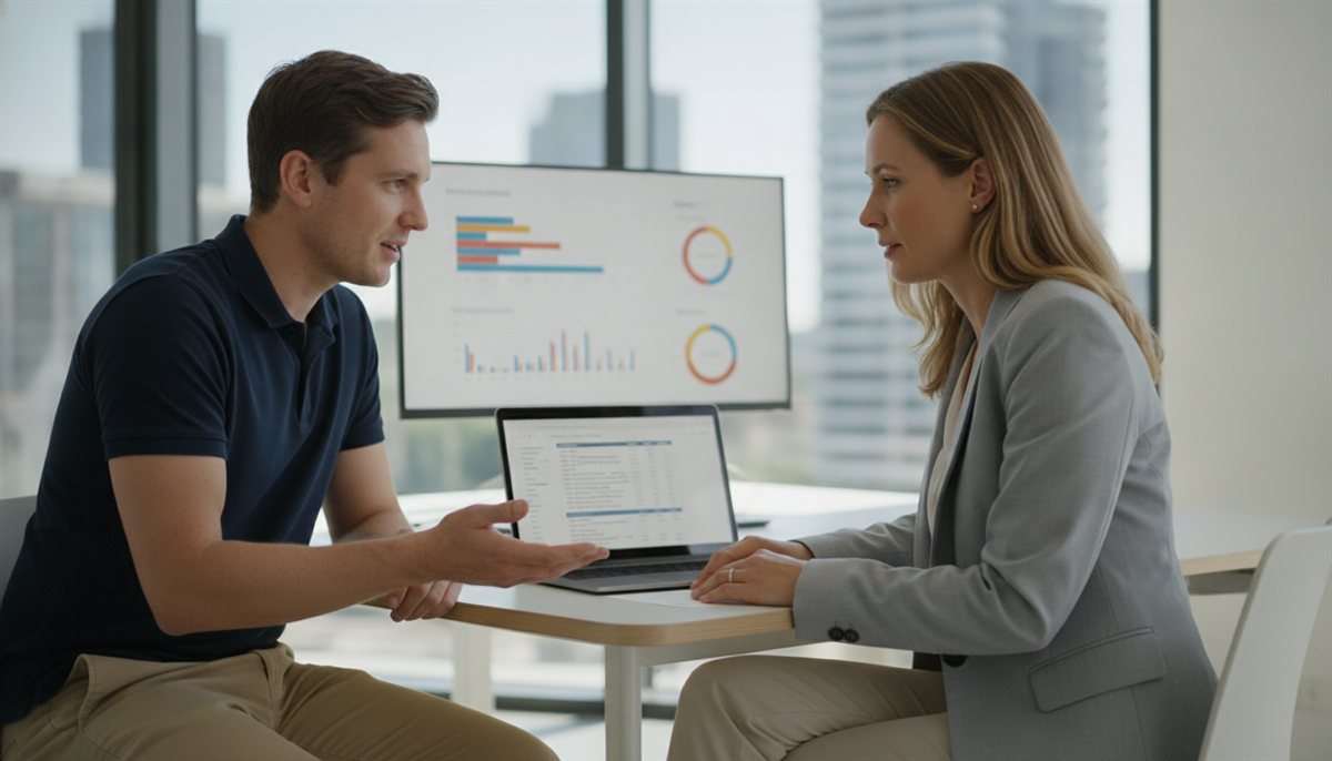Ondernemer en accountmanager nemen samen een zakelijke software-offerte door op een laptop in een modern kantoor