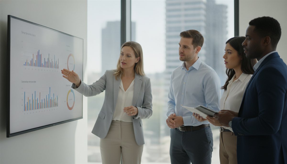 Een team bekijkt een softwaredemo met een dashboard op het scherm in een kantoor