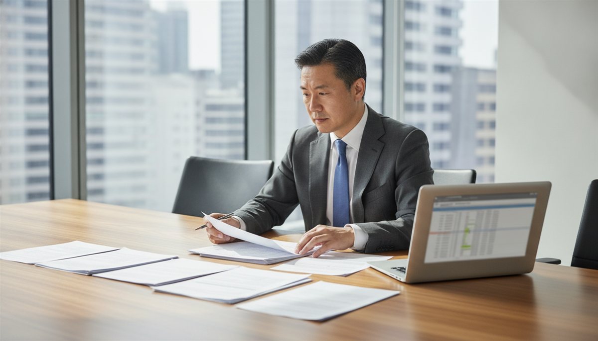IT-beslisser legt meerdere software-offertes naast elkaar in een vergaderruimte met printouts en laptop