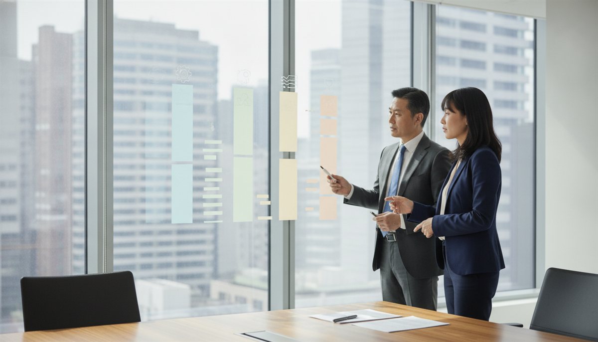 Twee collega's wegen software-leverancieropties af aan een whiteboard met kolommen en iconen
