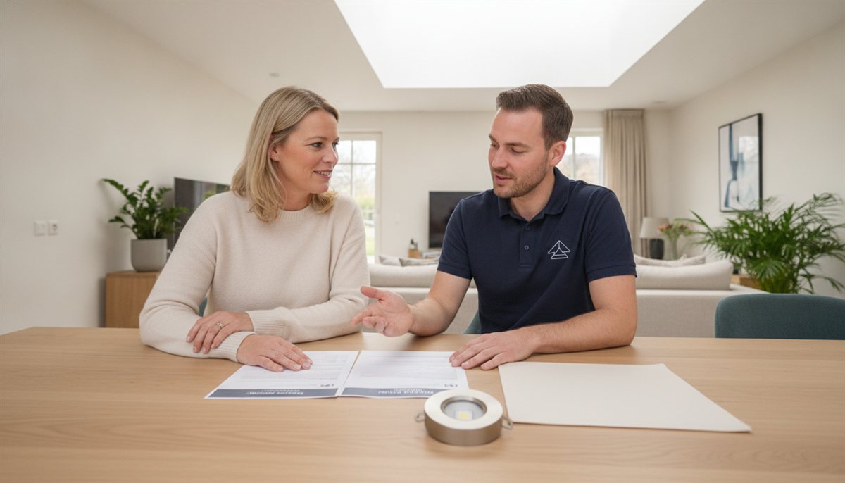 Huiseigenaresse en spanplafond-specialist bekijken samen de offerte met een staal van spandoek en een LED-spot aan de tafel