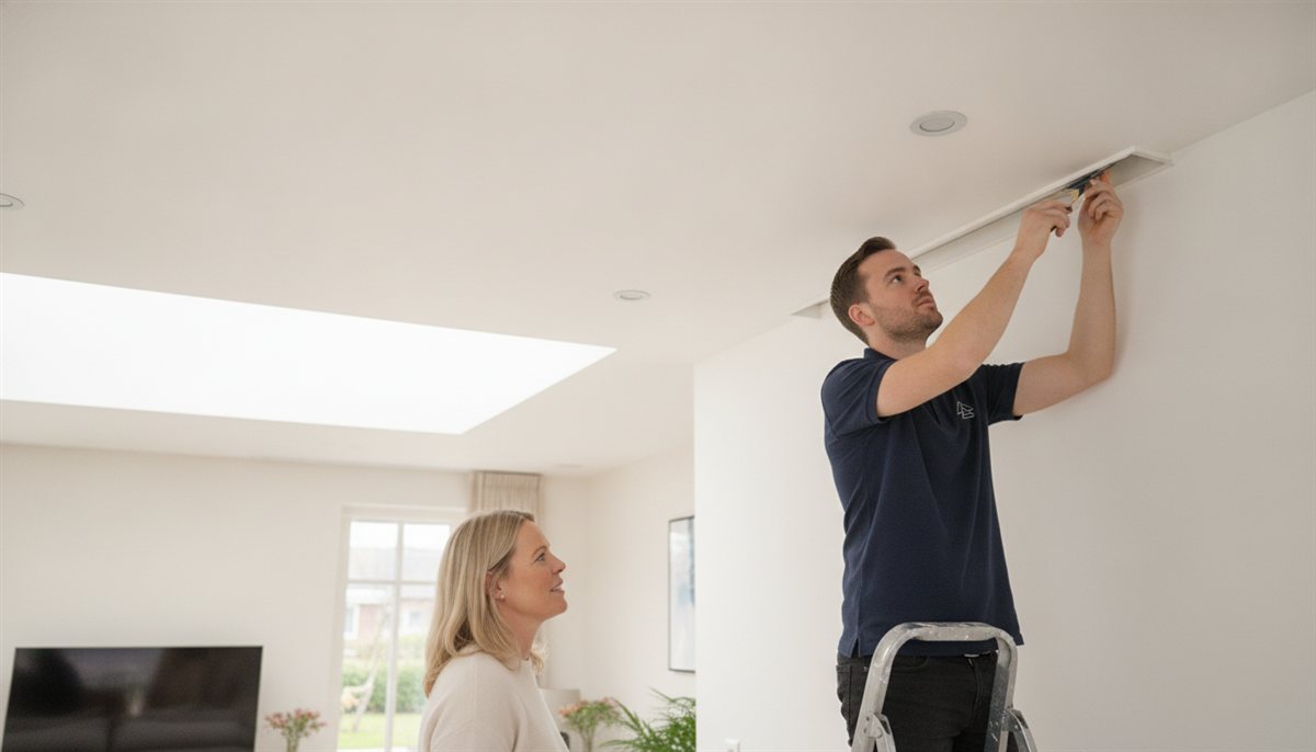 Specialist monteert een spanplafond-doek met afwerkprofiel langs de wand en strakke plafondafwerking met spots terwijl de huiseigenaresse toekijkt