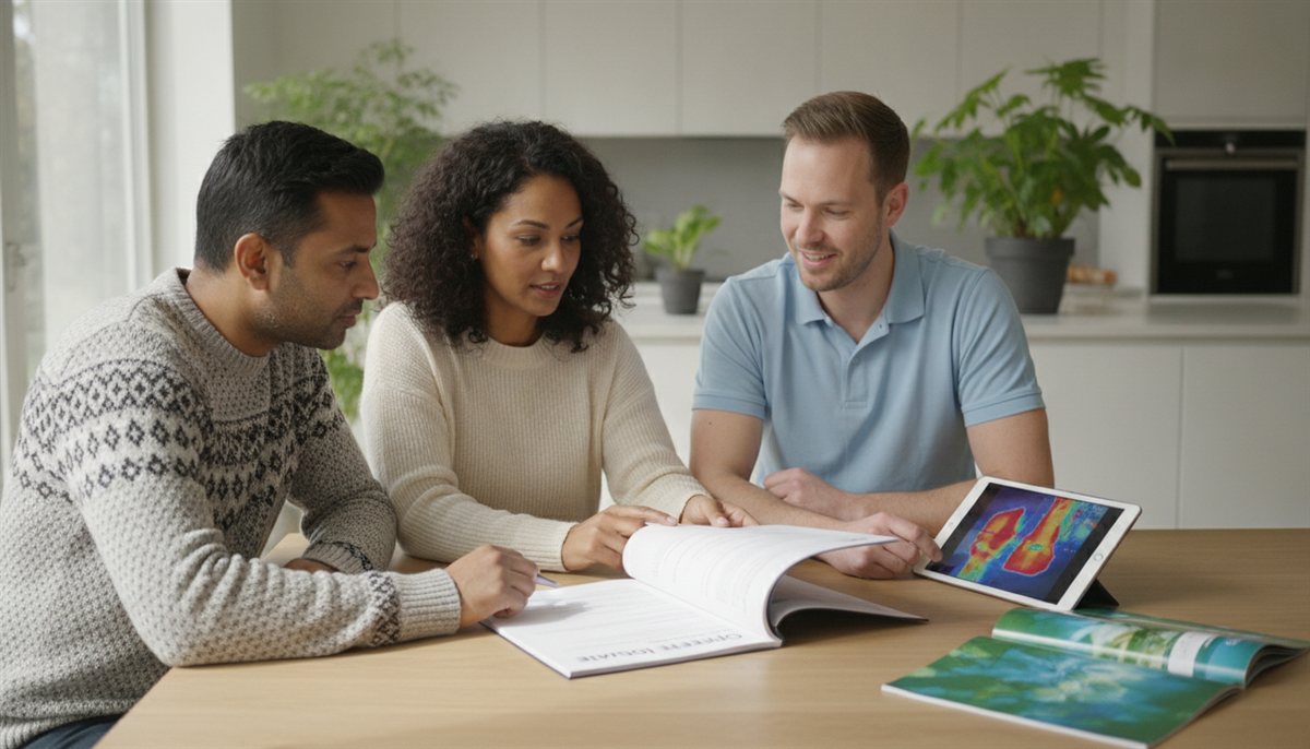 Echtpaar bespreekt de spouwmuurisolatie-offerte met een isolatie-adviseur aan de keukentafel, met endoscoop en EPS-parels op tafel