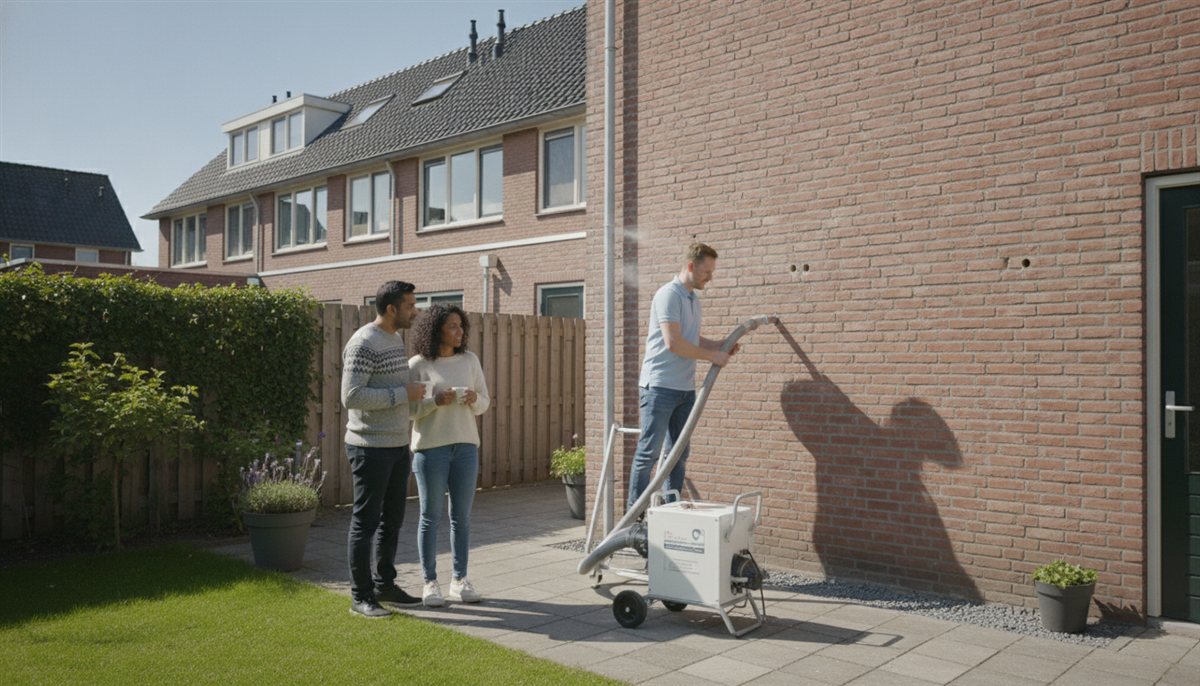 Monteur injecteert spouwmuurisolatie via boorgaten in de bakstenen gevel terwijl de bewoners toekijken