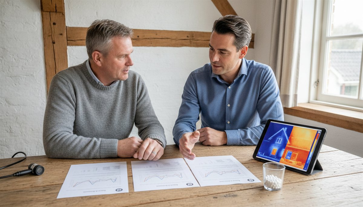 Huiseigenaar vergelijkt drie spouwmuurisolatie-offertes naast elkaar met een isolatie-adviseur aan de keukentafel, met tablet met thermografie