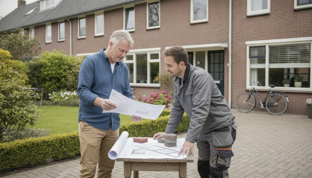 Huiseigenaar en stratenmaker bekijken samen het bestratingsontwerp en de offerte op de oprit