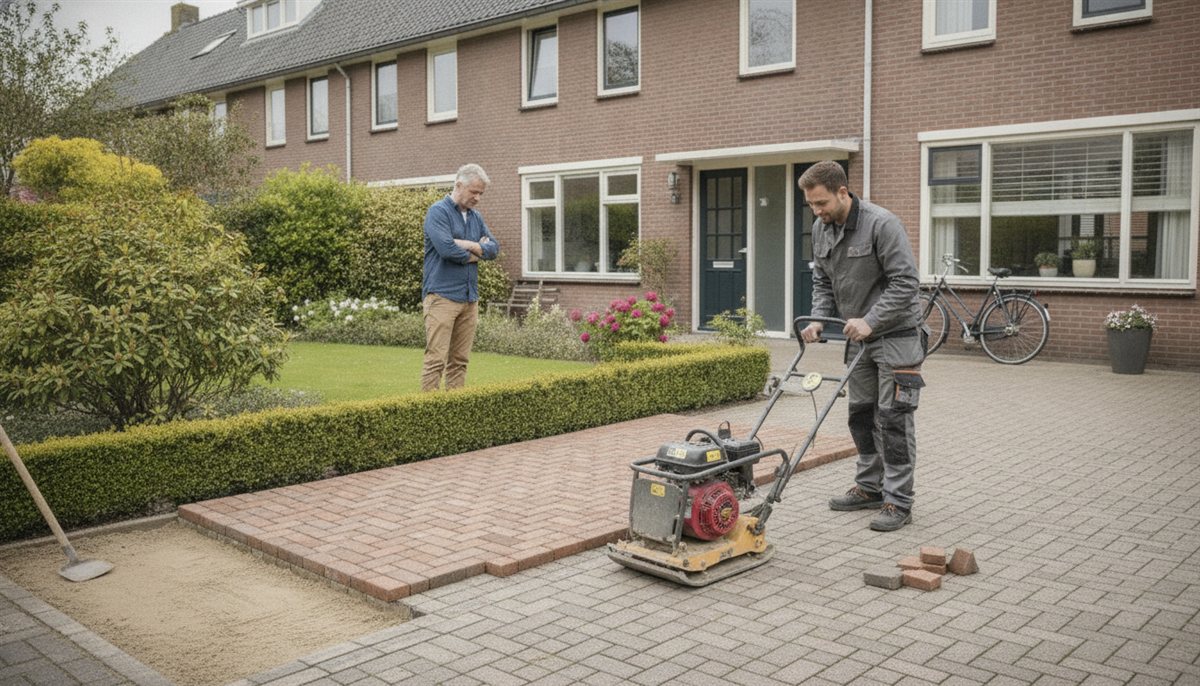 Stratenmaker legt klinkers op een verdicht zandbed met een trilplaat terwijl de opdrachtgever toekijkt
