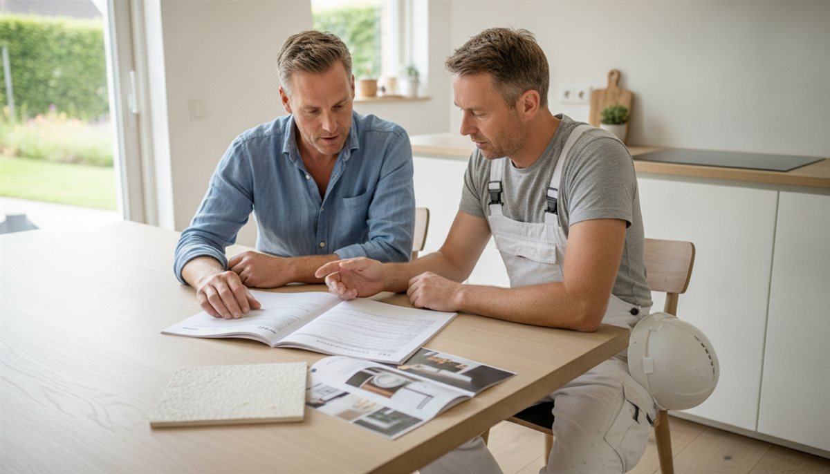 Huiseigenaar en stukadoor bespreken samen de stucwerk-offerte met een monster sierpleister aan de tafel