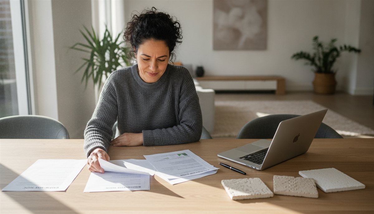 Huiseigenaresse legt meerdere stukadoor-offertes naast elkaar aan de eettafel met laptop