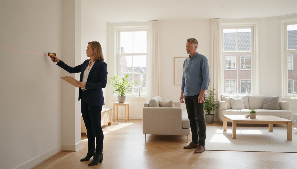 Taxateur meet met een laser-afstandsmeter een ruimte op terwijl de huiseigenaar meekijkt bij de woningopname