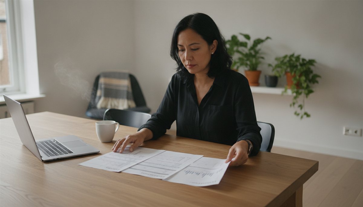 Vrouw legt meerdere taxateur-offertes naast elkaar aan de eettafel met laptop om ze te vergelijken
