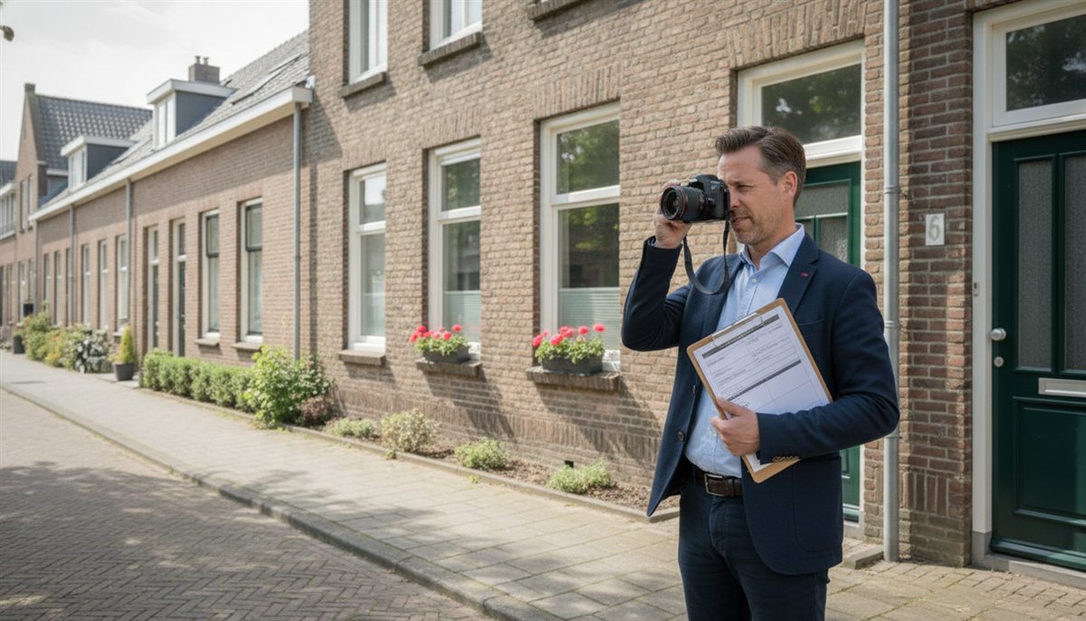 Taxateur fotografeert en beoordeelt de gevel en buitenkant van een woning tijdens de taxatie