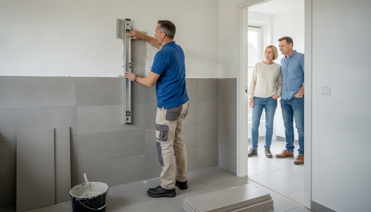 Tegelzetter plaatst wandtegels in een badkamer met tegellijm en kam terwijl de bewoners toekijken