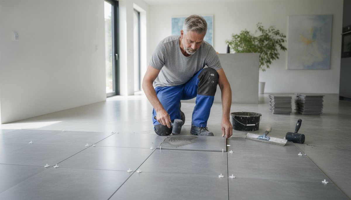 Tegelzetter legt vloertegels met voegkruisjes in een woning