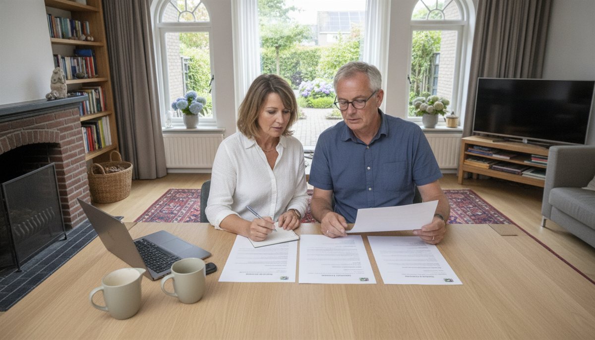 Stel vergelijkt meerdere thuisaccu-offertes naast elkaar aan de eettafel