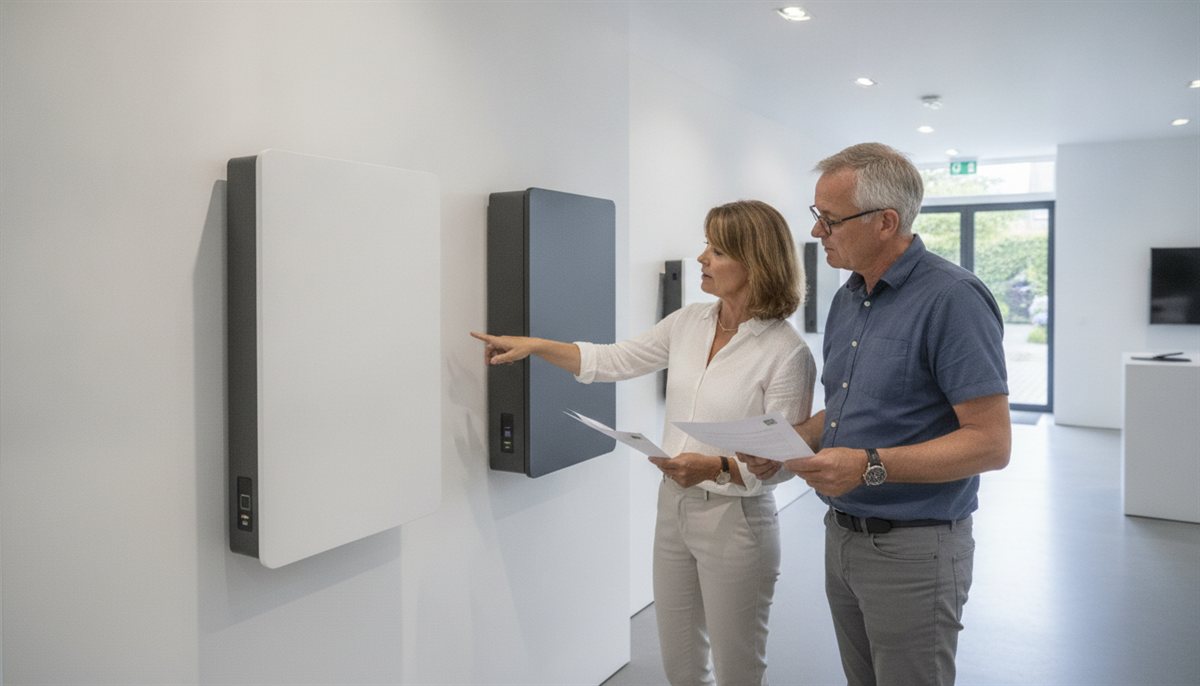 Stel vergelijkt twee verschillende wandgemonteerde thuisbatterijen in een showroom