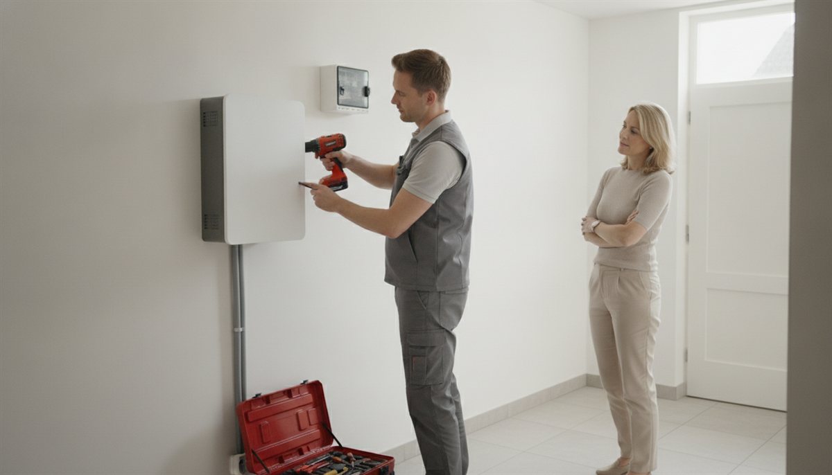 Installateur monteert een wandgemonteerde thuisbatterij in de bijkeuken terwijl de huiseigenaar toekijkt