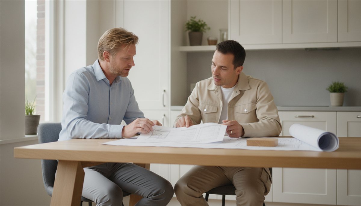 Huiseigenaar bespreekt samen met een timmerman de offerte, een houtmonster en een tekening voor maatwerk aan de keukentafel