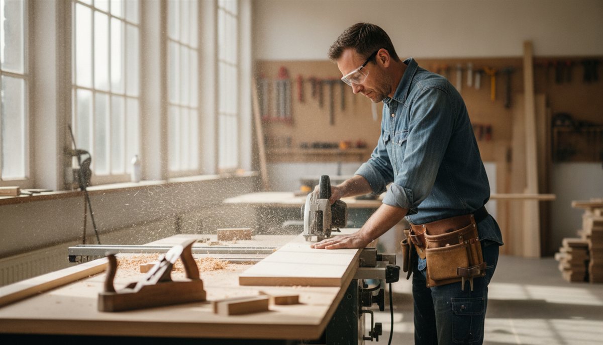 Timmerman bewerkt hout aan de zaagtafel in een werkplaats