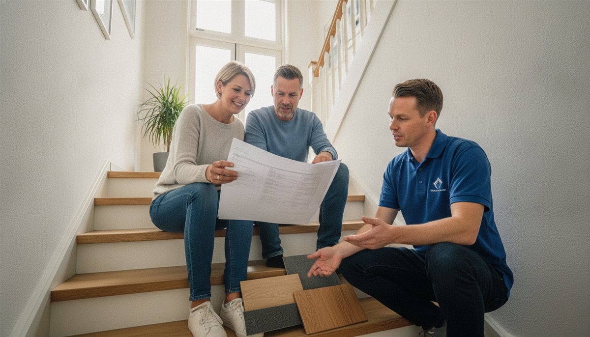 Huiseigenaren bespreken samen met een specialist de traprenovatie-offerte met materiaalstalen van overzettreden bij hun bestaande trap