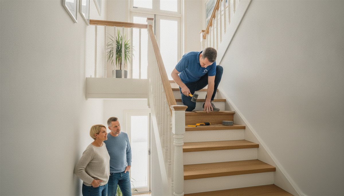 Specialist monteert overzettreden op een bestaande trap terwijl de huiseigenaren toekijken