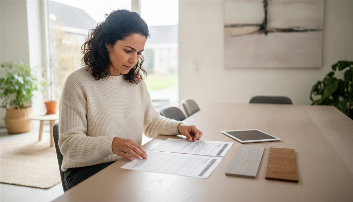 Vrouw legt meerdere traprenovatie-offertes en materiaalstalen van overzettreden naast elkaar aan de eettafel