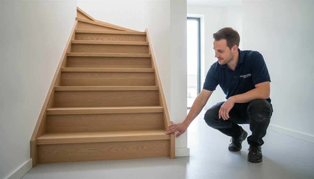 Gerenoveerde trap met mooi afgewerkte overzettreden in een lichte hal terwijl een specialist het resultaat controleert