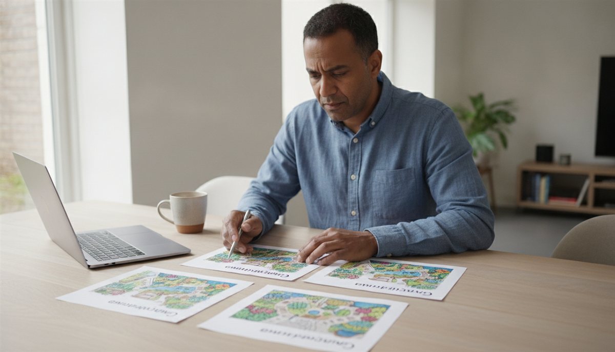 Huiseigenaar vergelijkt meerdere tuinaanleg-offertes met tuinontwerpen naast elkaar aan tafel met laptop