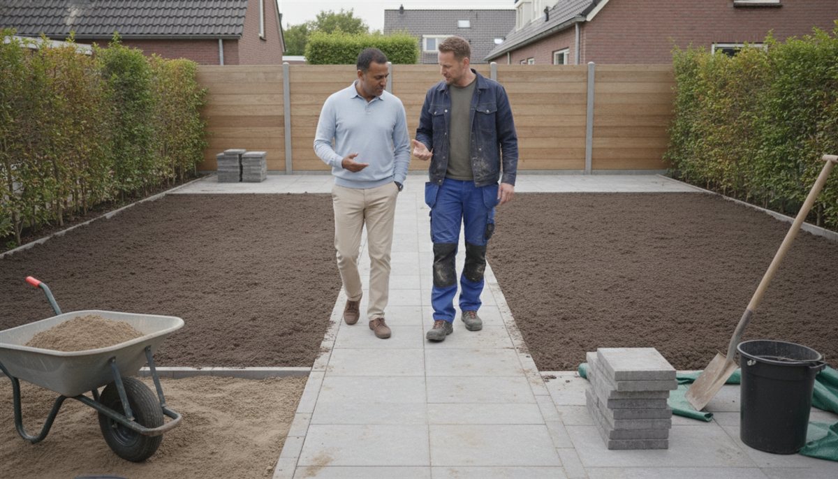 Opdrachtgever loopt met een tuinaannemer door een half-aangelegde tuin en bespreekt de plannen