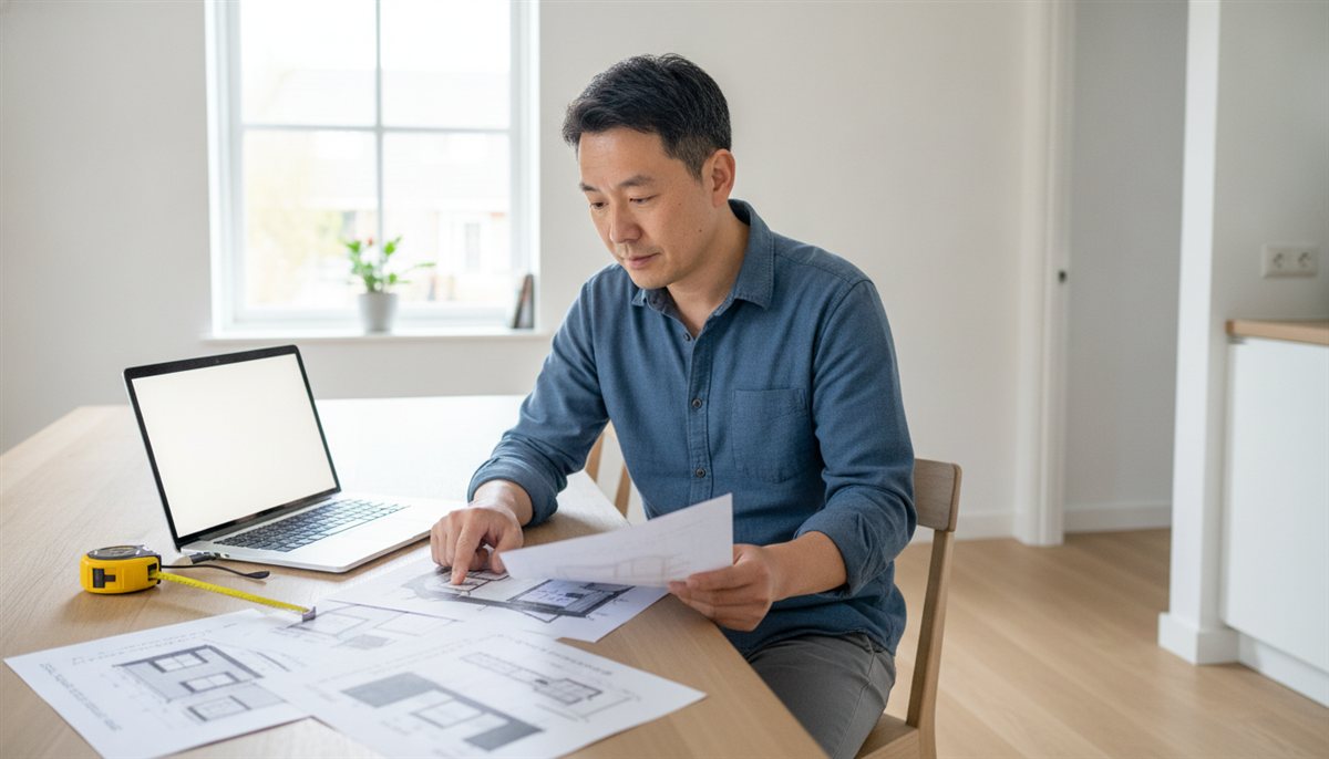 Huiseigenaar legt meerdere tuinhuis- en blokhut-offertes met tekeningen naast elkaar aan tafel met laptop