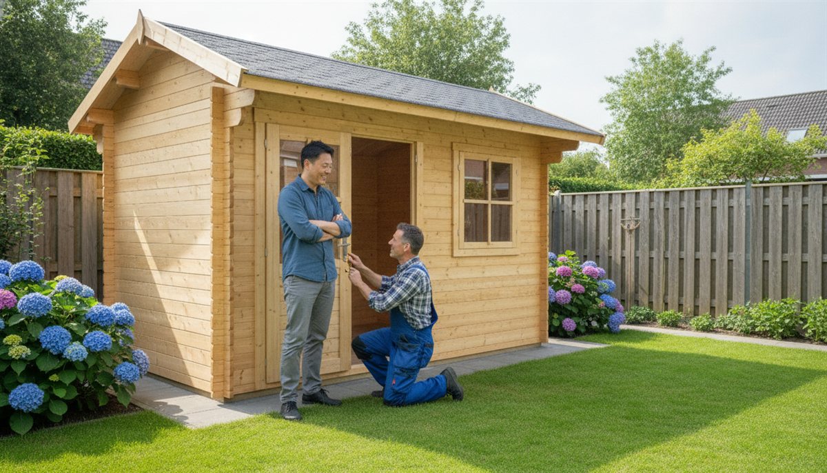 Afgebouwd houten tuinhuis in een Nederlandse tuin terwijl de monteur de laatste details afrondt