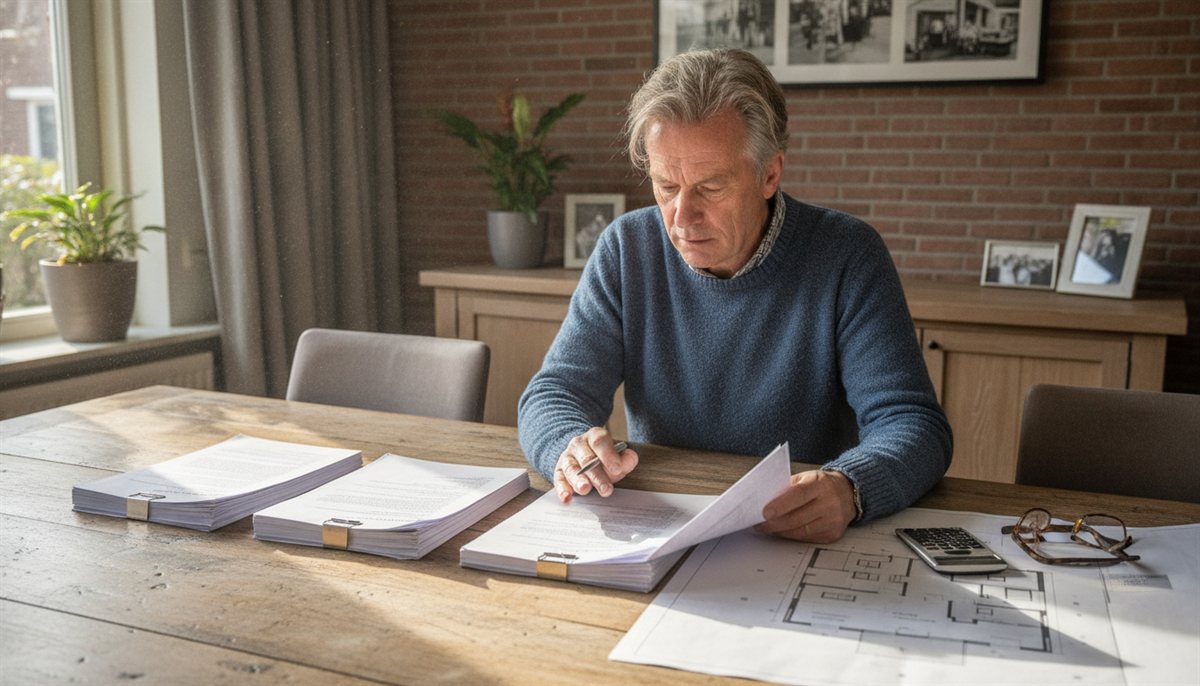 Huiseigenaar vergelijkt drie uitbouw-offertes en een bouwtekening aan de eettafel