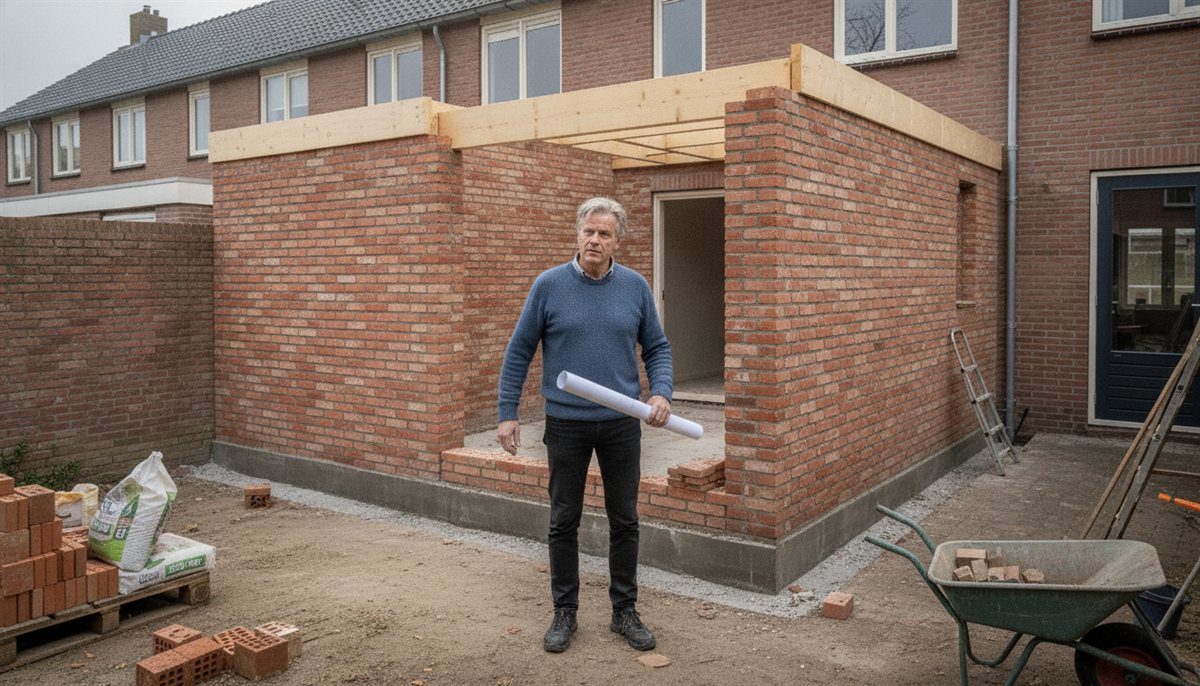Huiseigenaar bij de bouwplaats van de uitbouw met fundering en ruwbouw aan de achtergevel