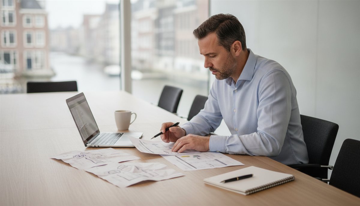 Vastgoedbeheerder legt meerdere vastgoedonderhoud-offertes naast elkaar aan een vergadertafel met laptop