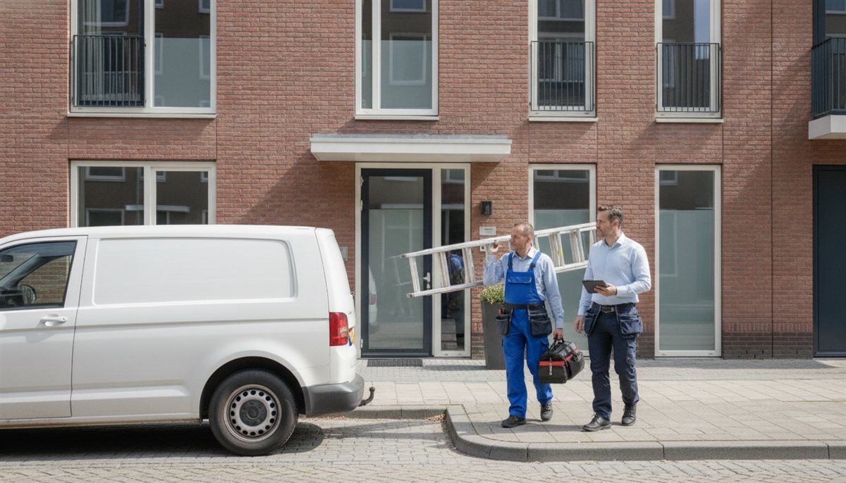 Gevel en entree van een appartementencomplex met een onderhoudsbus en monteurs die planmatig onderhoud uitvoeren