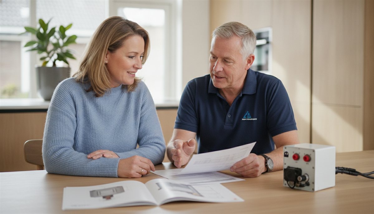Huiseigenaar en ventilatieadviseur bekijken samen de ventilatie-offerte en een unit-brochure aan de keukentafel