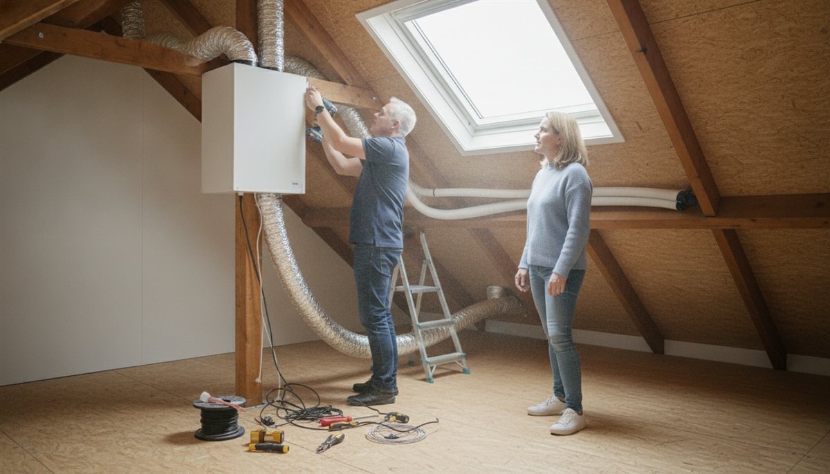 Installateur monteert een WTW-ventilatiebox en luchtkanalen op zolder terwijl de huiseigenaar toekijkt