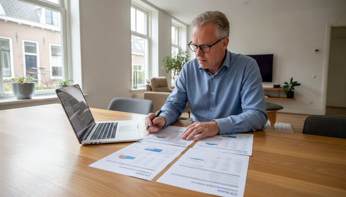 Huiseigenaar legt meerdere ventilatie-offertes naast elkaar aan de eettafel met laptop