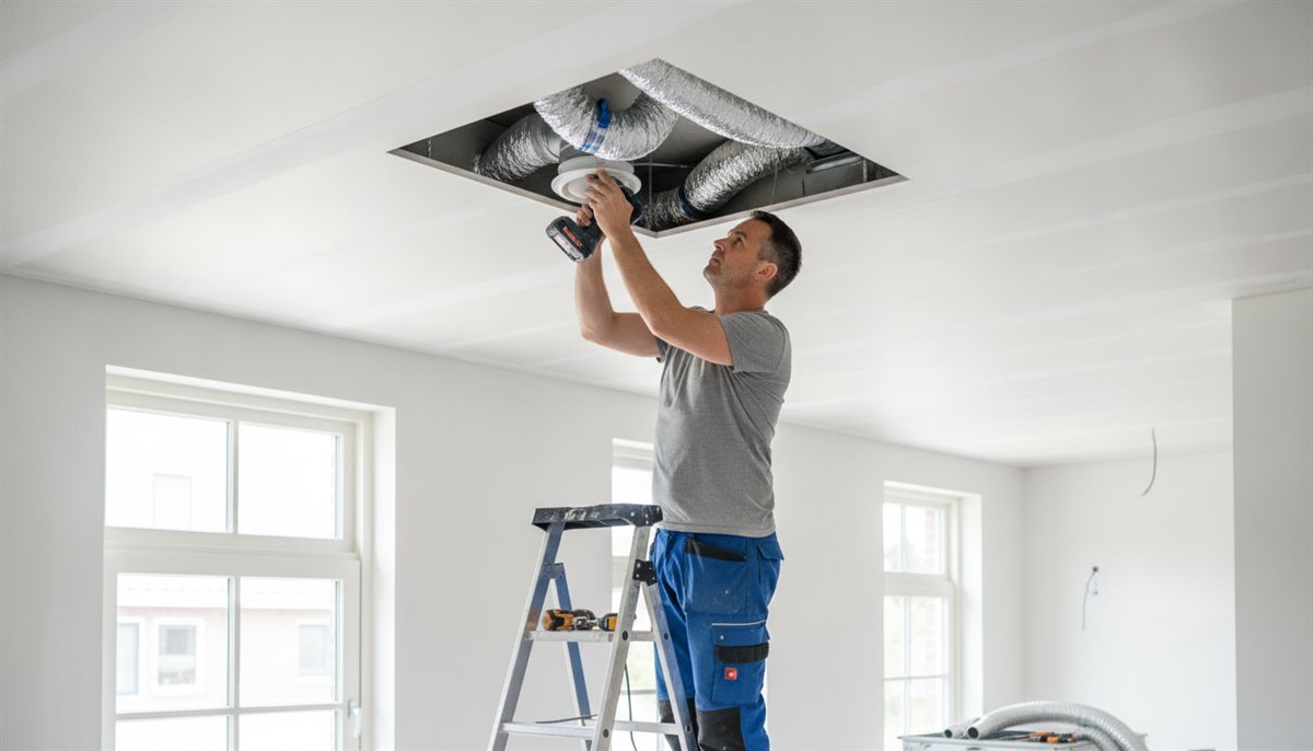 Monteur installeert ventilatieventielen in het plafond en sluit de luchtkanalen aan
