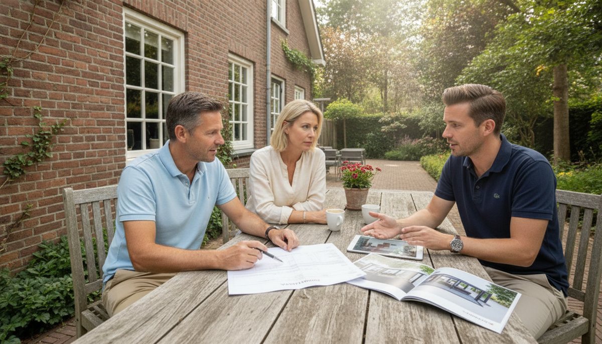 Stel van rond de 45 neemt in de tuin de veranda-offerte en brochure door met een adviseur bij de achtergevel