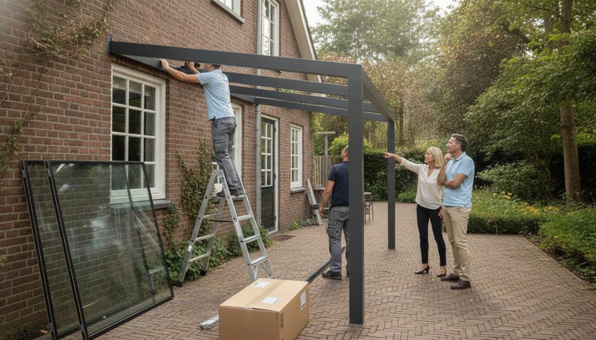 Monteurs bevestigen een aluminium veranda aan de achtergevel terwijl het stel toekijkt