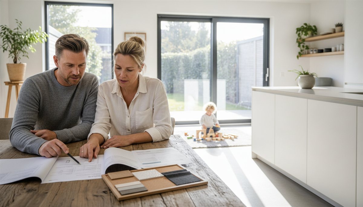 Stel controleert verbouwingsoffertes en moodboard aan de keukentafel