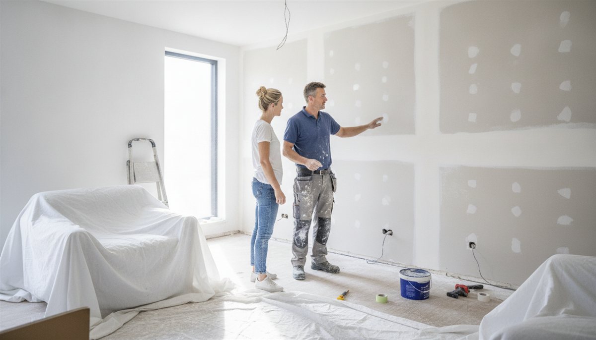 Stel bespreekt de verbouwingsofferte met de aannemer in een half-gestripte woonkamer tijdens de renovatie