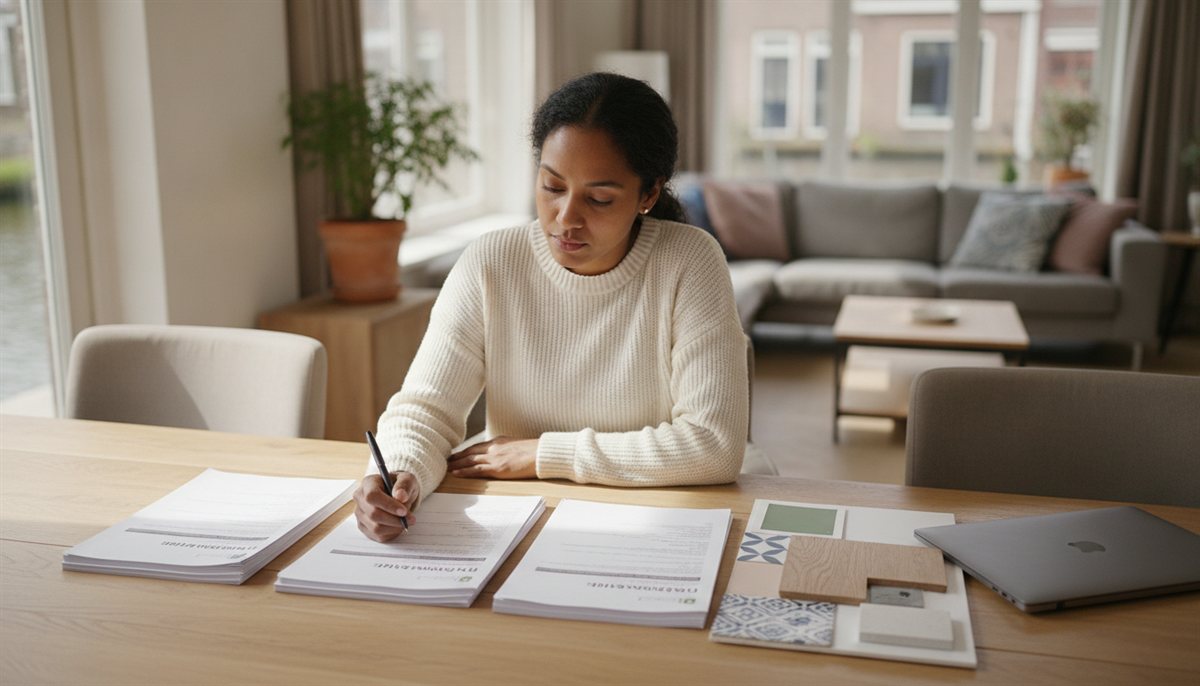 Vrouw vergelijkt drie verbouwingsoffertes en een moodboard met materiaalstalen aan de eettafel