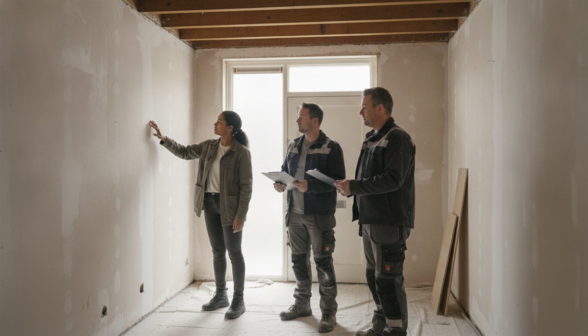Vrouw bespreekt de renovatie met twee verschillende aannemers in een half-gestripte kamer