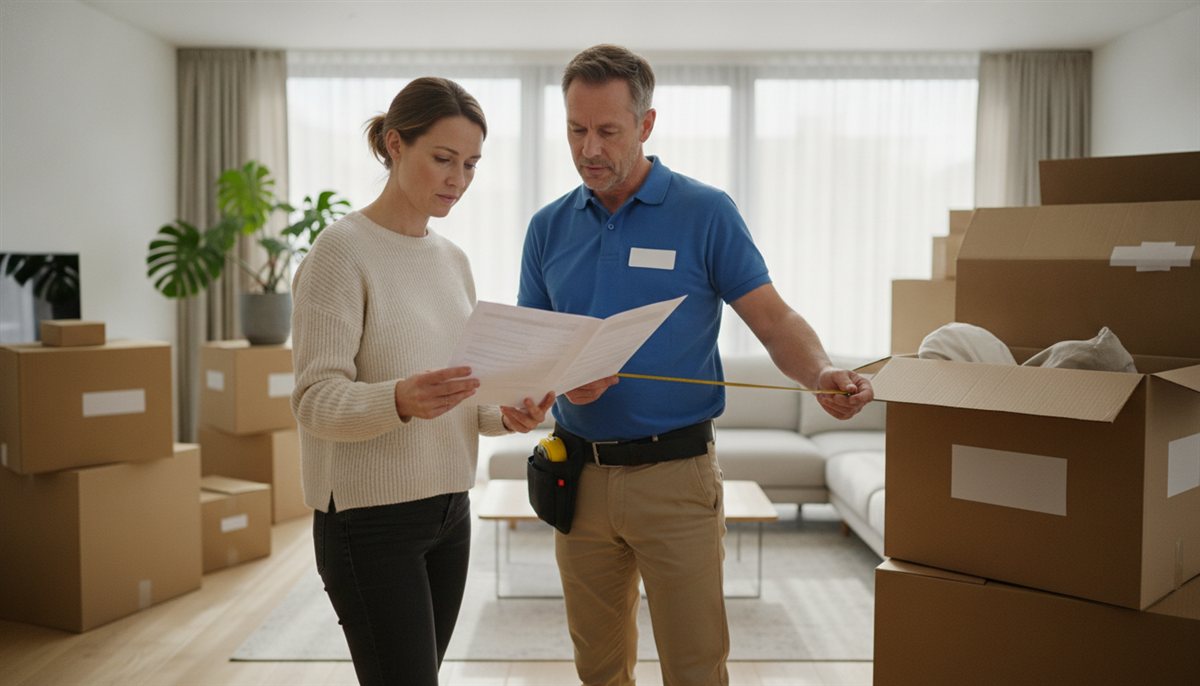 Bewoonster neemt thuis de verhuisofferte door met een verhuisadviseur die het volume opneemt, met verhuisdozen op de achtergrond